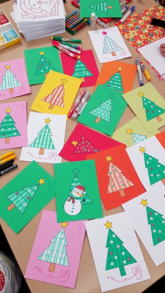 A collection of vibrant handmade Christmas cards with festive designs on a crafting table.